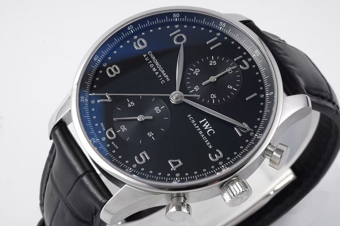 Chronograph -Black- White Silver- Black Leather - Automatic 69355 - 41mm