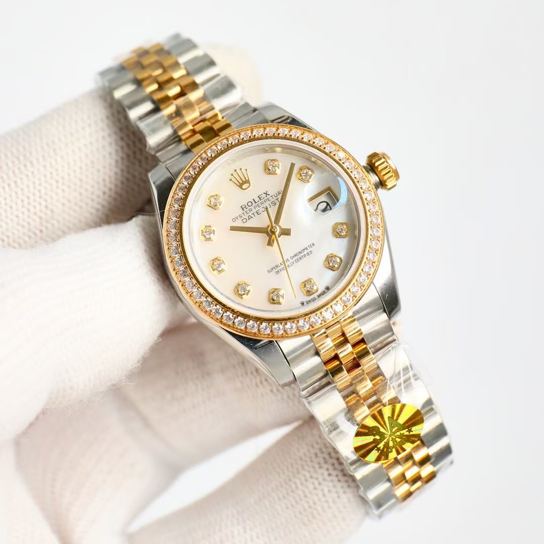 LADY -Yellow -Rhinestone bezel- 904L Steel  -Automatic - 28mm