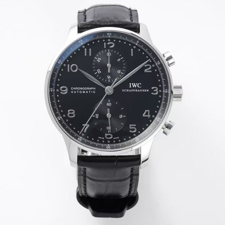 Chronograph -Black- White Silver- Black Leather - Automatic 69355 - 41mm