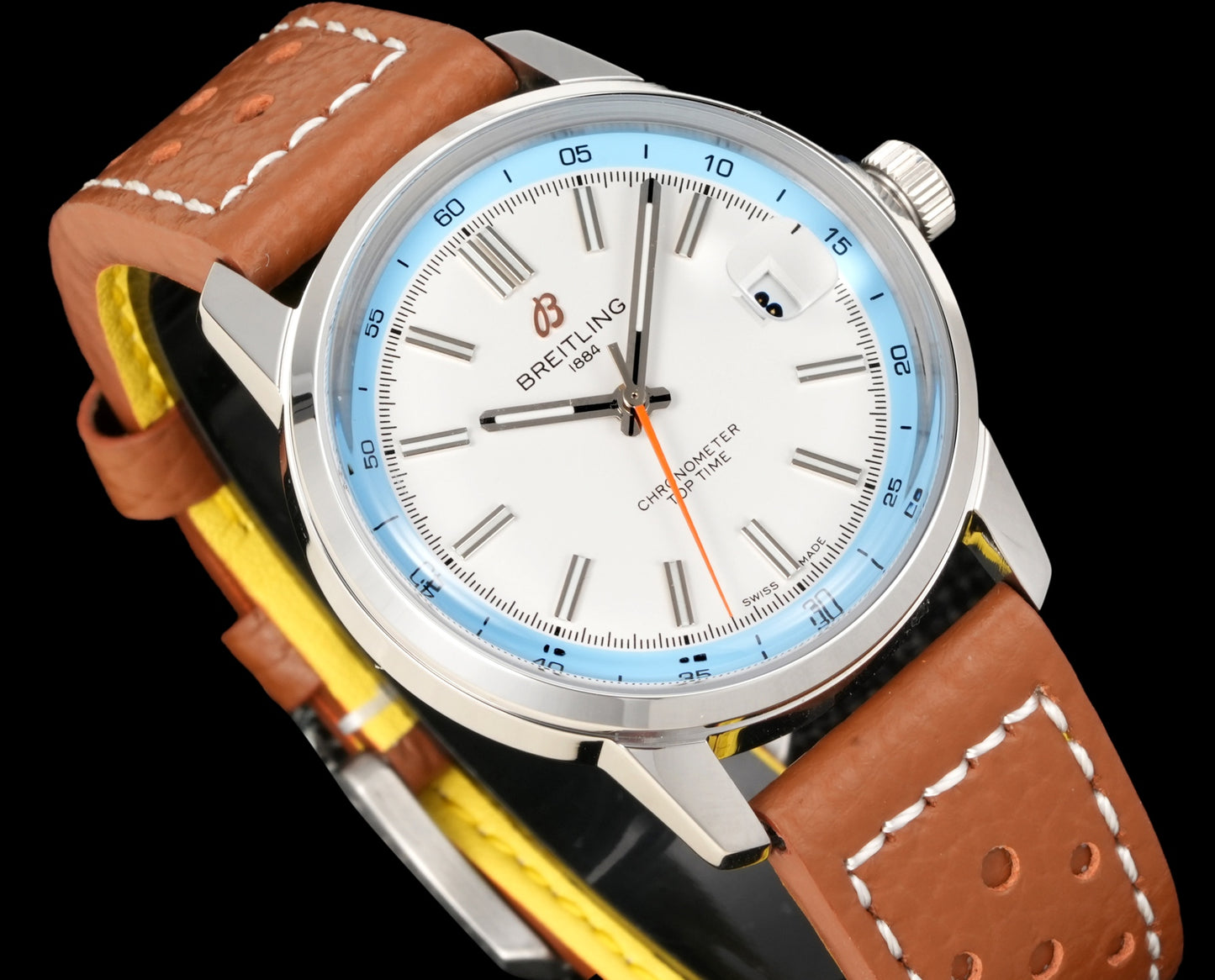 White Blue - Silver 904L Steel -Orange Leather- Automatic - 38mm