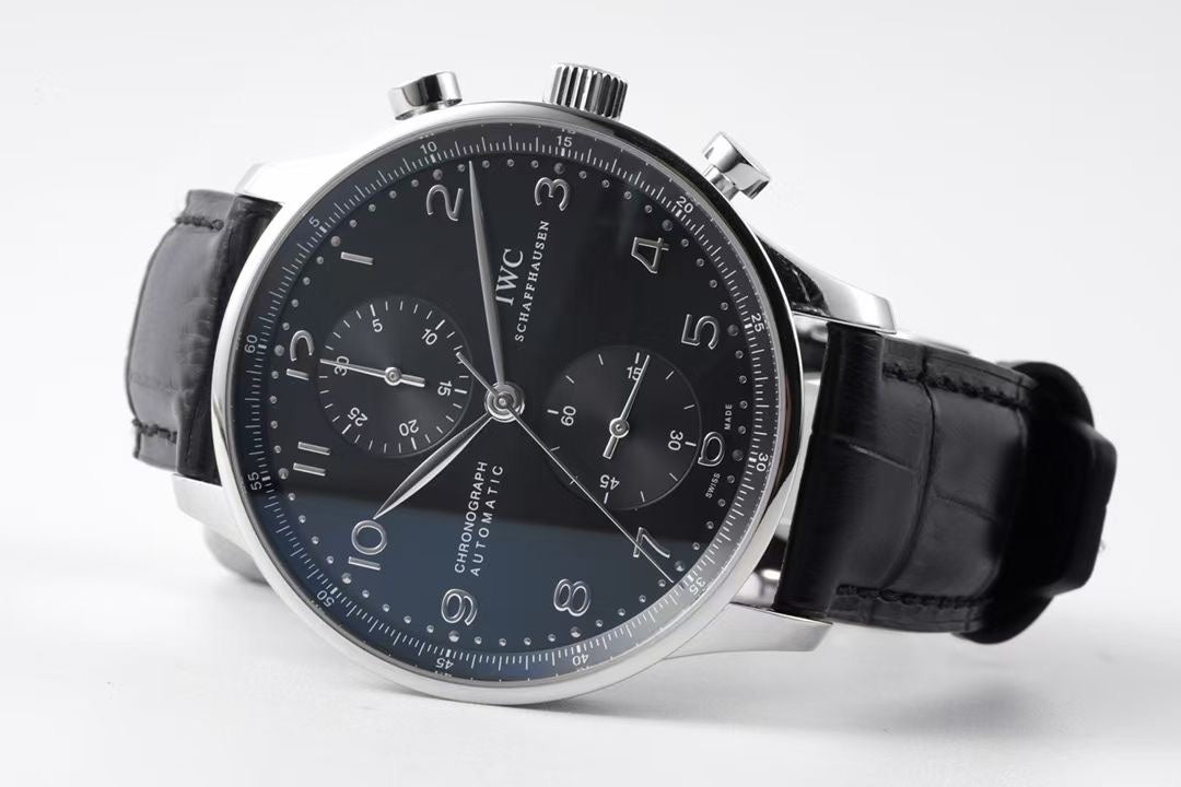 Chronograph -Black- White Silver- Black Leather - Automatic 69355 - 41mm