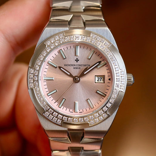 Pink Silver - Rhinestone bezel -904L Steel- Quartz- 33mm