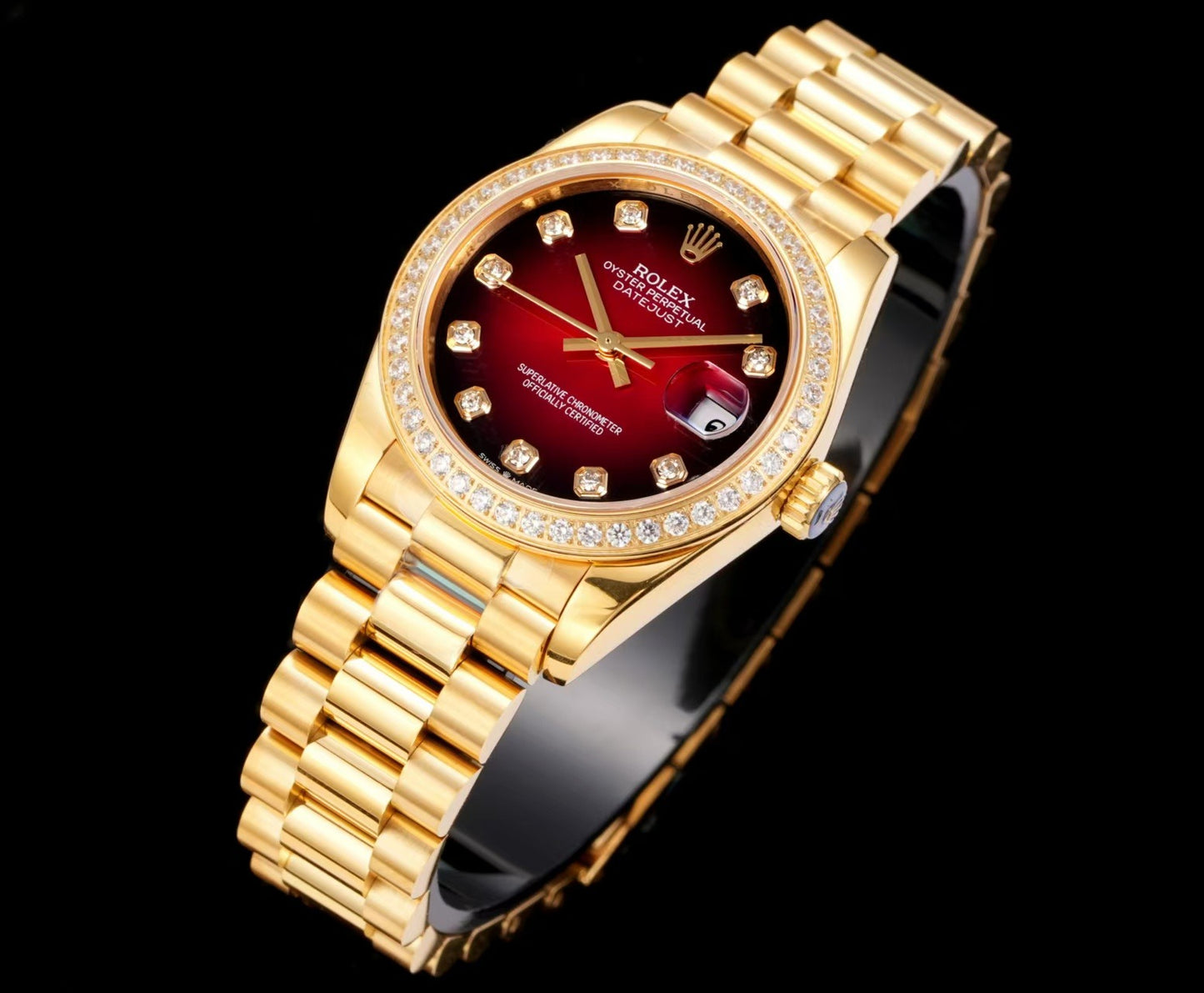 LADY -Yellow gold -Rhinestone bezel-Red -904L Steel - cal.2671 -Automatic - 31mm