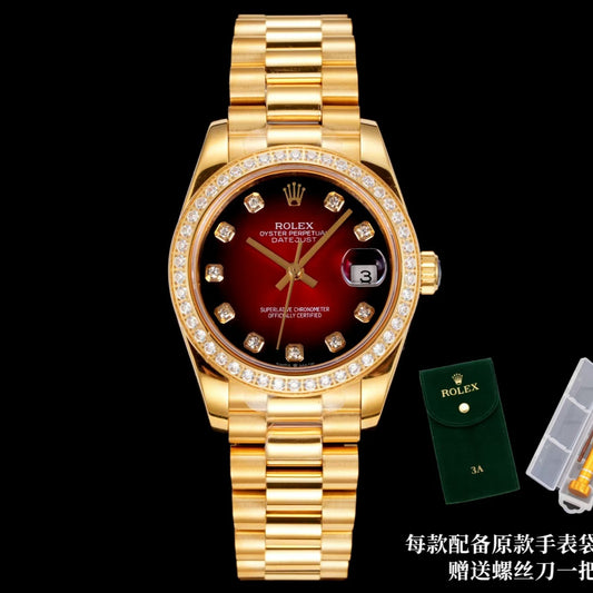 LADY -Yellow gold -Rhinestone bezel-Red -904L Steel - cal.2671 -Automatic - 31mm