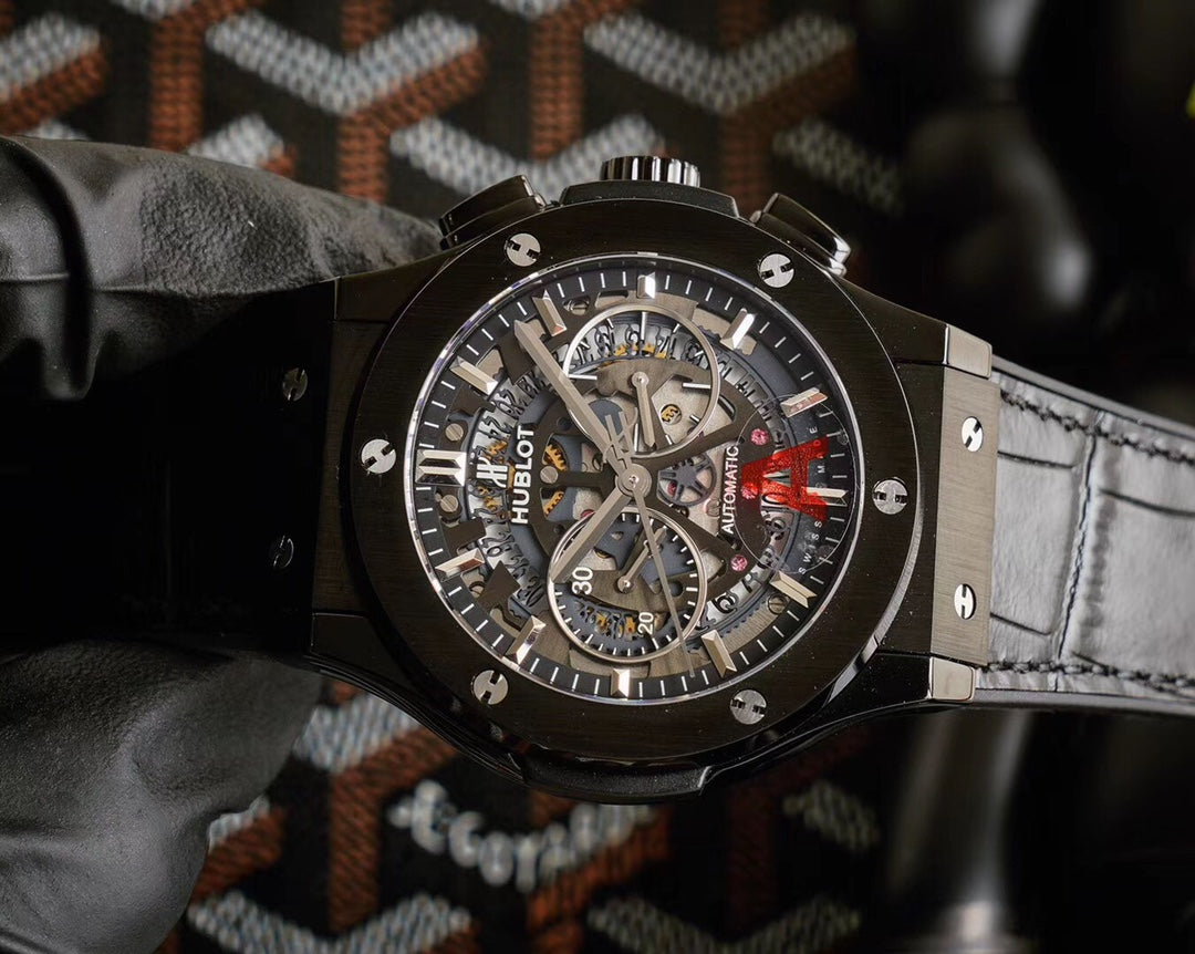 Grey Steel - Black Leather - Chronograph -Automatic - 45mm